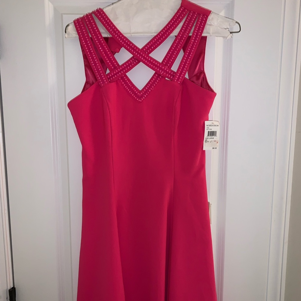 NORDSTROM brand a.drea HOT PINK strappy embellished front dress NWT